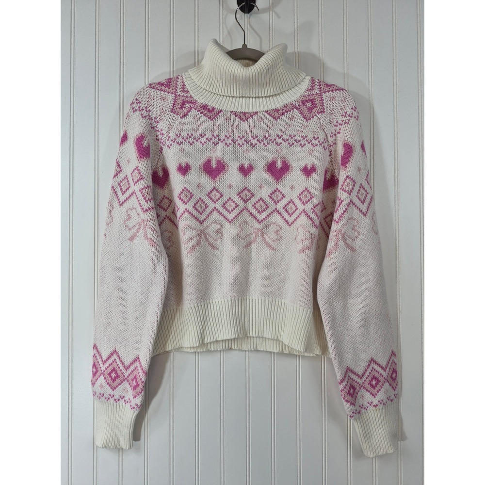 Forever 21 Pink Heart Bow Fair Isle Turtleneck Cropped Sweater Cream Womens M
